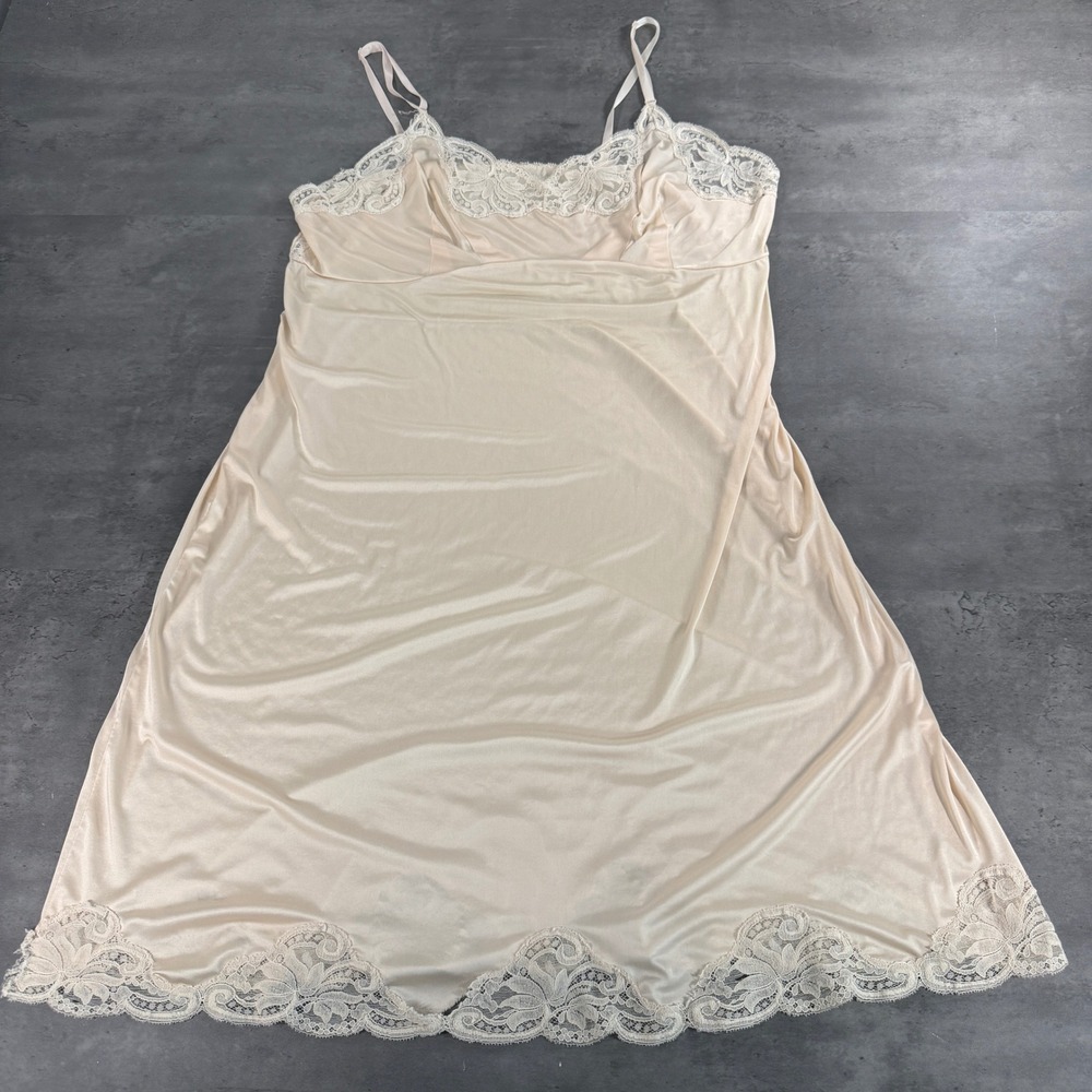 Union Made Full Slip‎ Women XL Beige Lace Trim Vintage Lingerie Nightgown Teddy